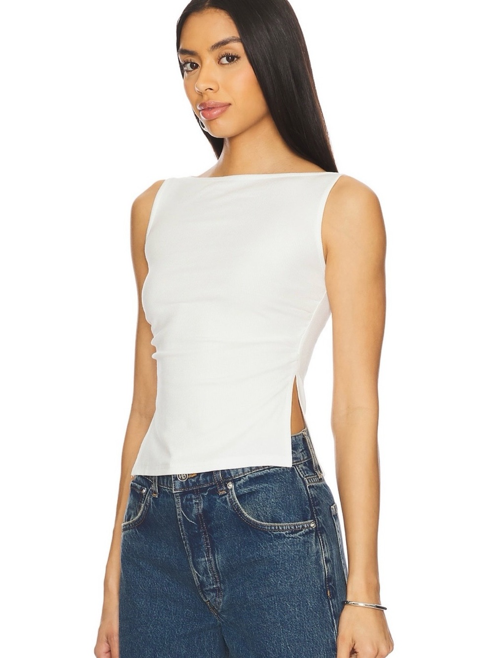 Boatneck White Sleeveless Tank with Side Slits